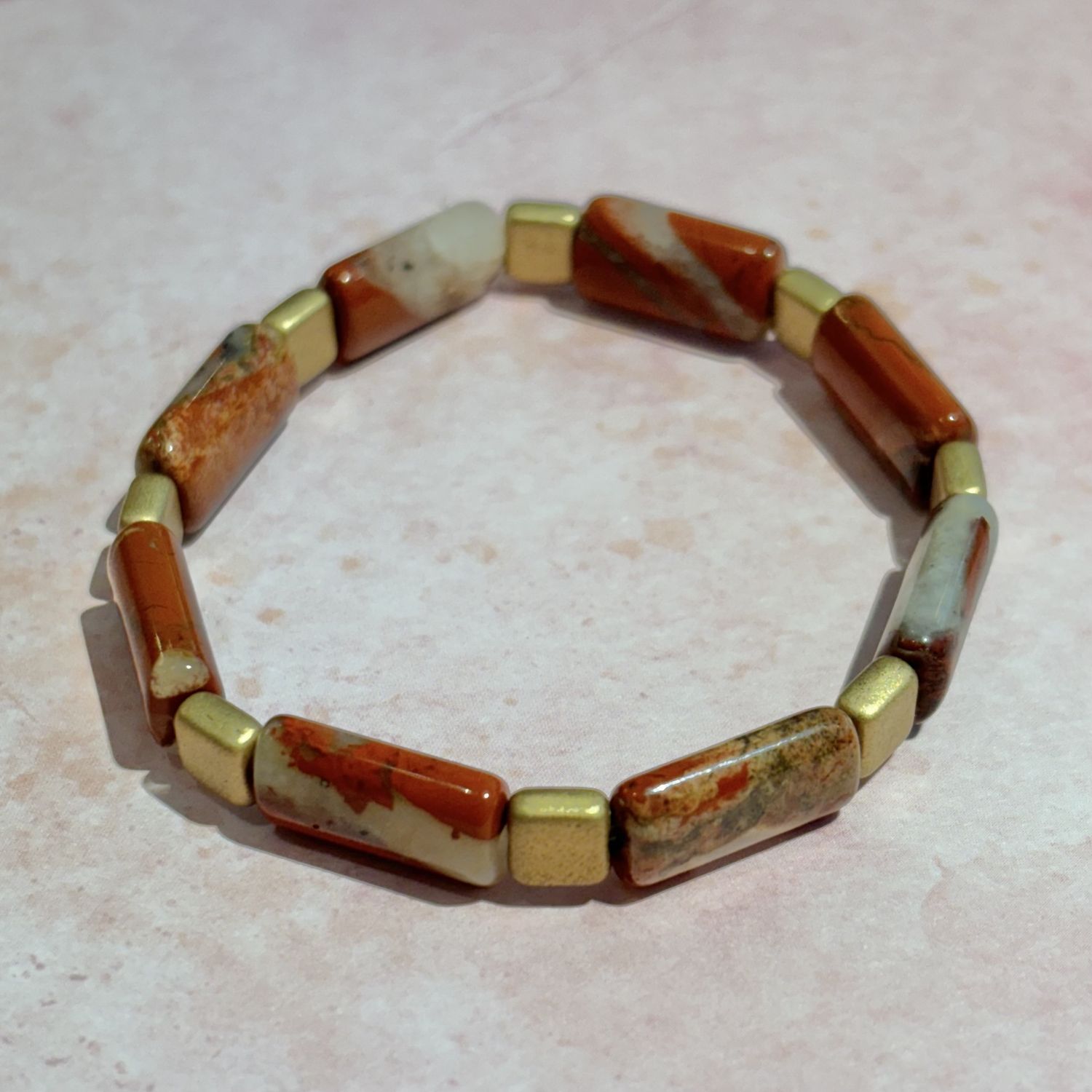 Red Jasper &amp; Gold Tile Beaded Bracelet