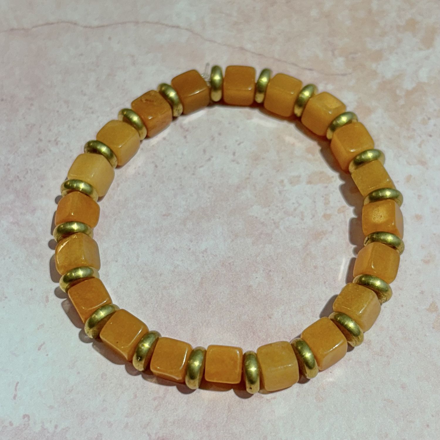 Cube Orange Aventurine &amp; Brass Beaded Bracelet