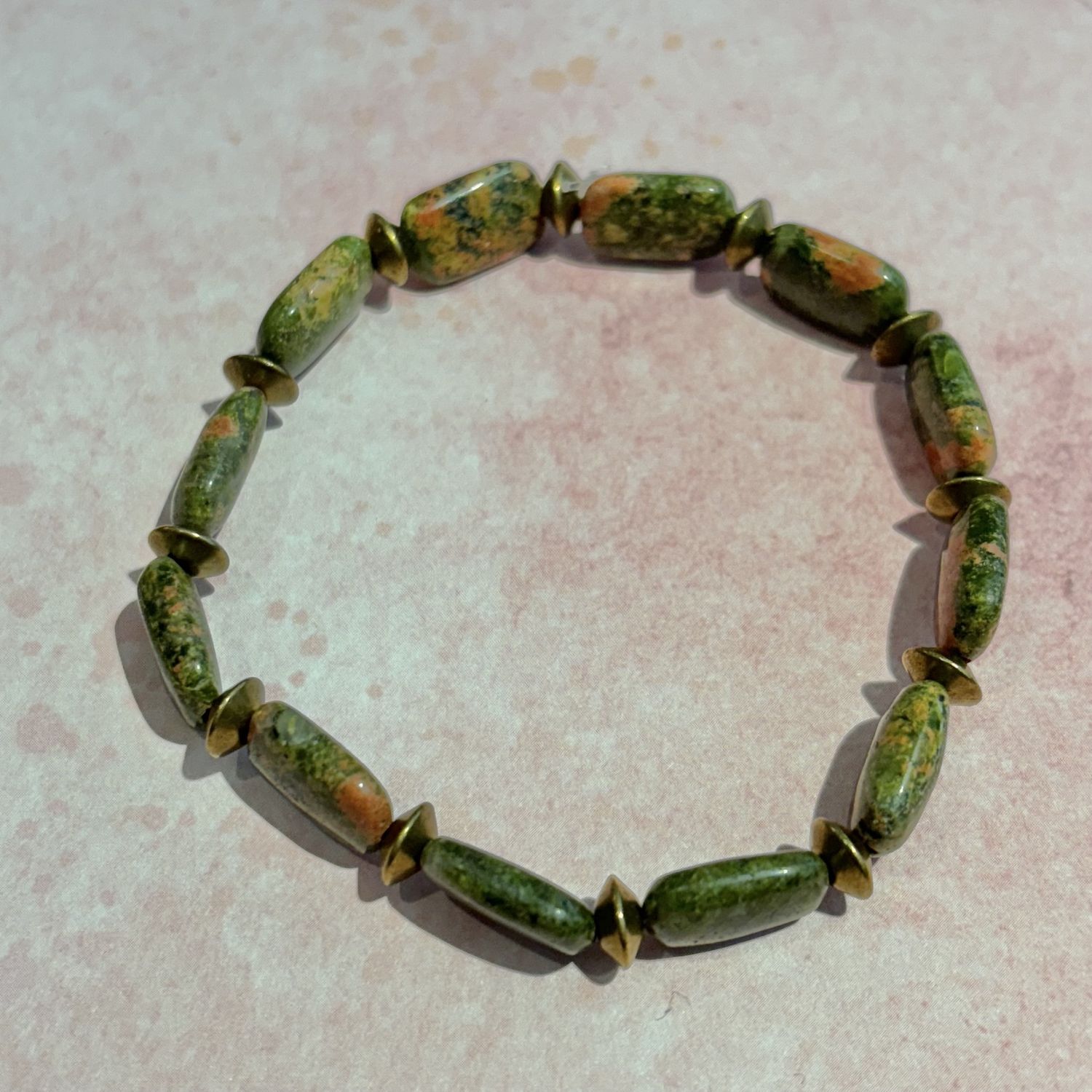 Small Rectangle Creek Jasper &amp; Brass Beaded Bracelet