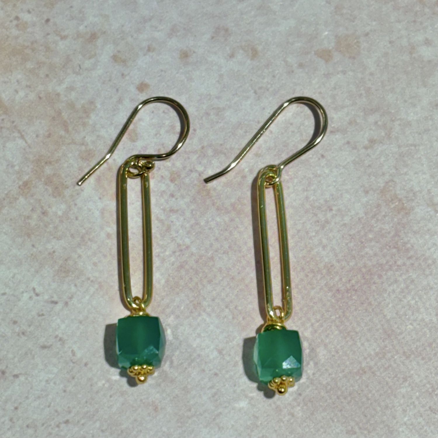 Green Onyx Gold Paperclip Earrings