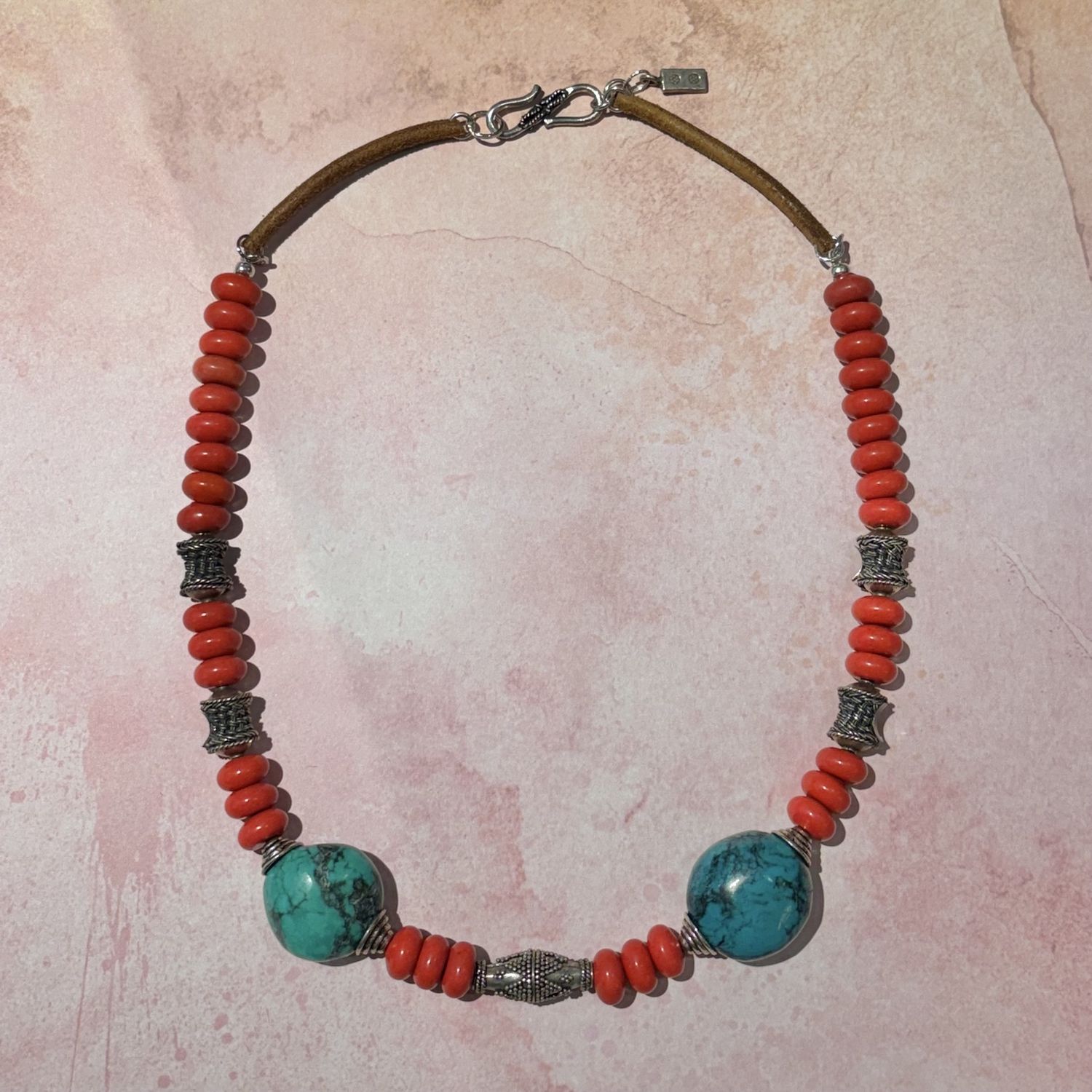 Coral, Turquoise, Sterling Silver and Leather Necklace