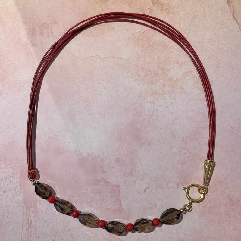 Smoky Quartz and Red Leather Necklace