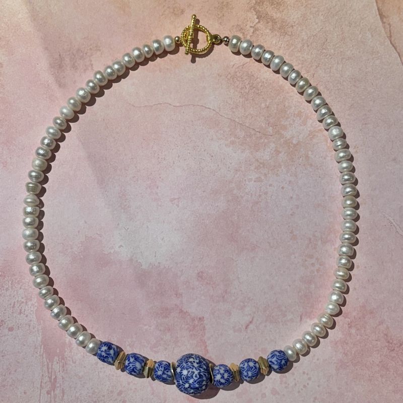 Pearl with Blue and White Beads Necklace