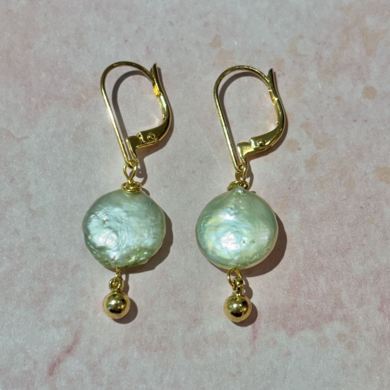 Green Coin Pearl Earrings with Gold Filled Lever Back