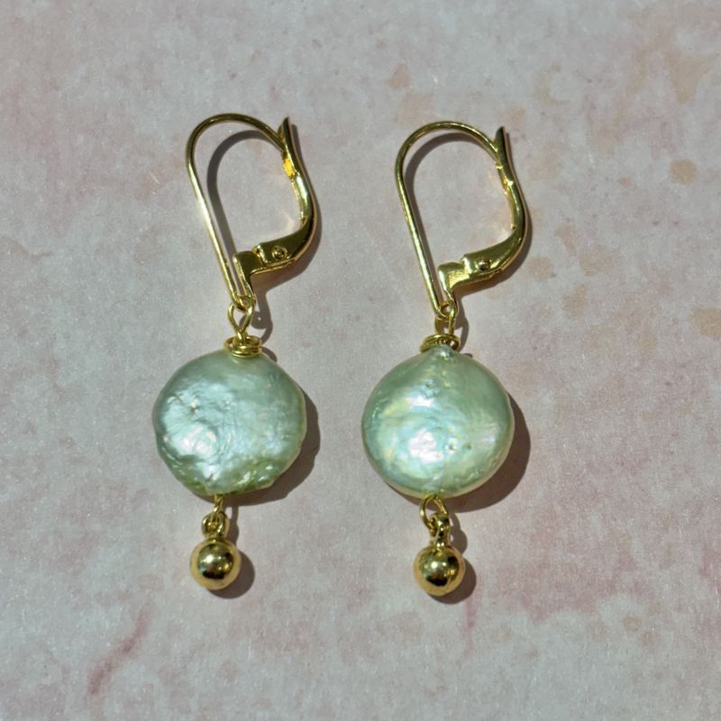 Green Coin Pearl Earrings with Gold Filled Lever Back