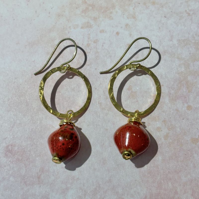 Dark Red Bead with Gold Circle Accent Earrings