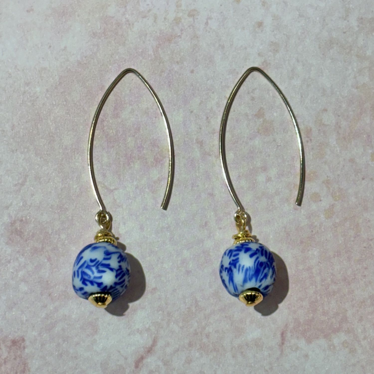 Blue and White Bead with Gold Fill Marquis Earrings