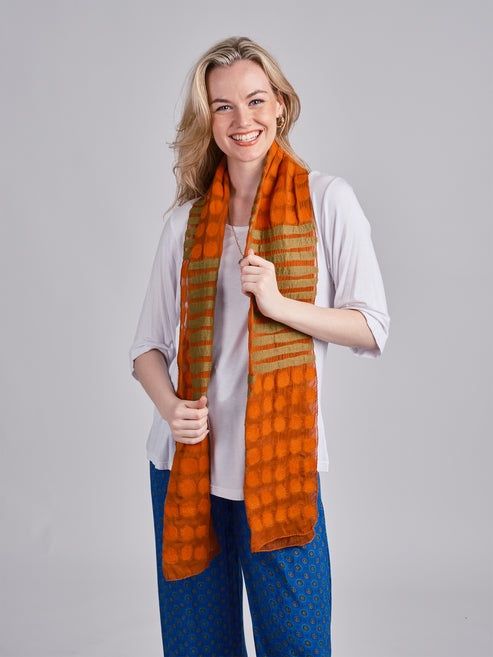 Green and Orange Felted  Scarf with Dots and Stripes