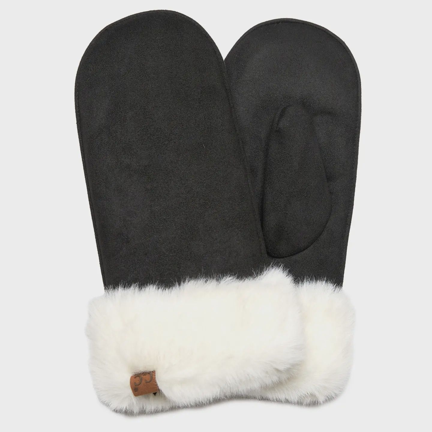 Vegan Suede Mitten  with Faux Fur and Sherpa Lining, Color: Black