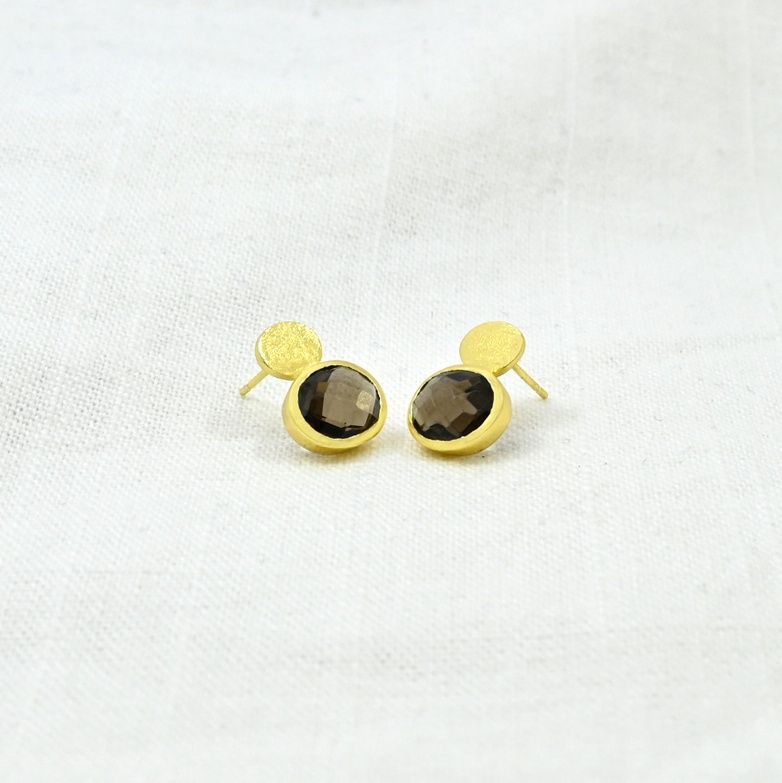 Oval Coin Stud Earring, Color: Smoky Quartz