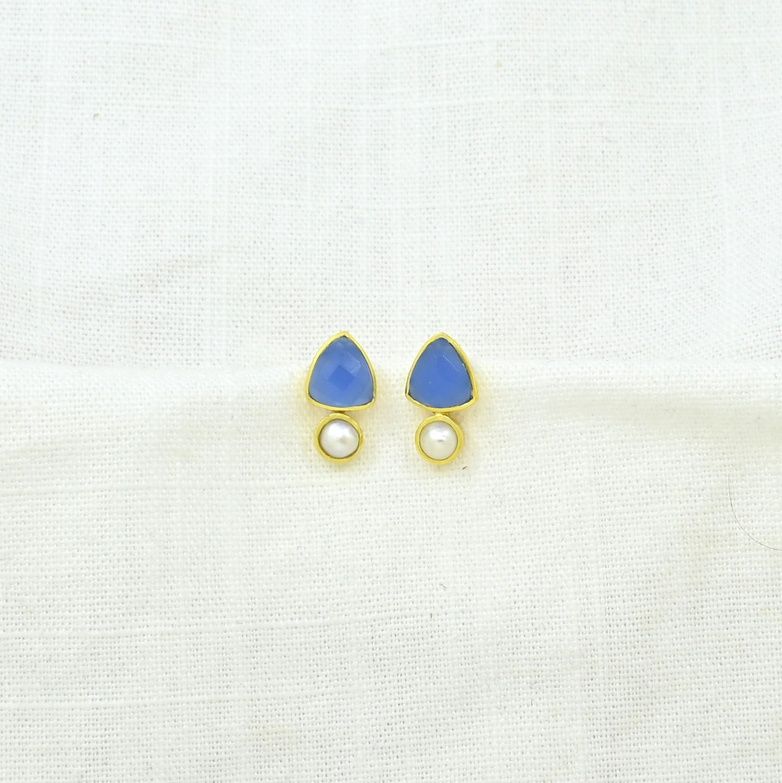 Emmeline Stud Earrings Gold - Pearl and Blue Chalcedony