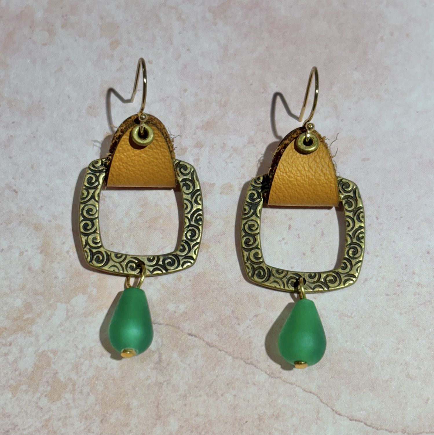Square Brass, Tan Suede &amp; Green Glass Drop Earrings