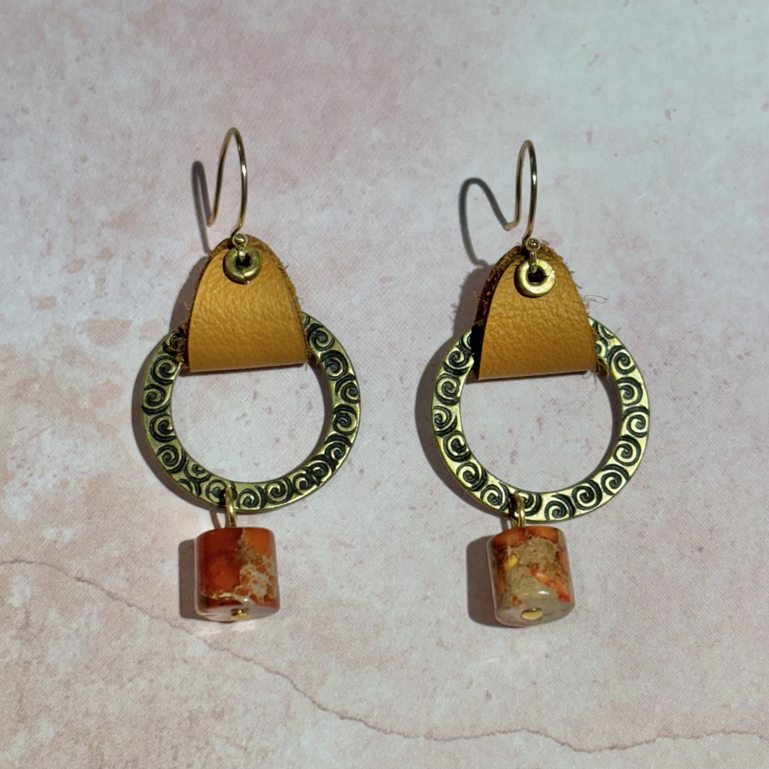 Circle Brass, Tan Suede &amp; Red Stone Drop Earrings