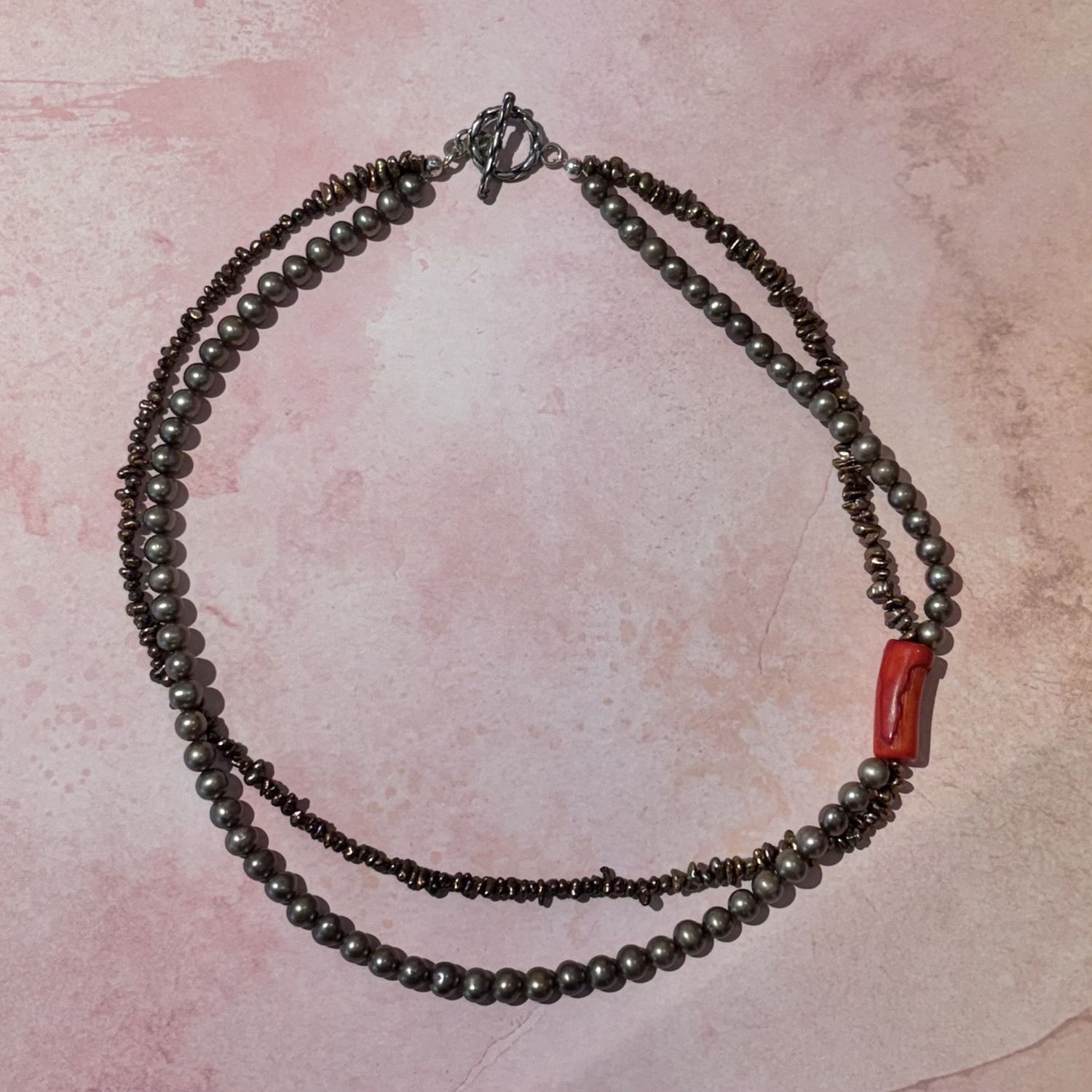 Double Strand Pearl and Coral Necklace