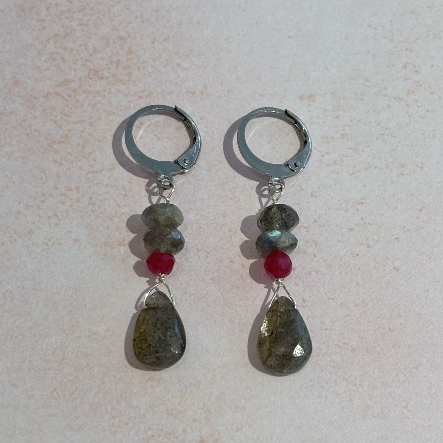 Labradorite &amp; Pink Ruby Drop Earrings