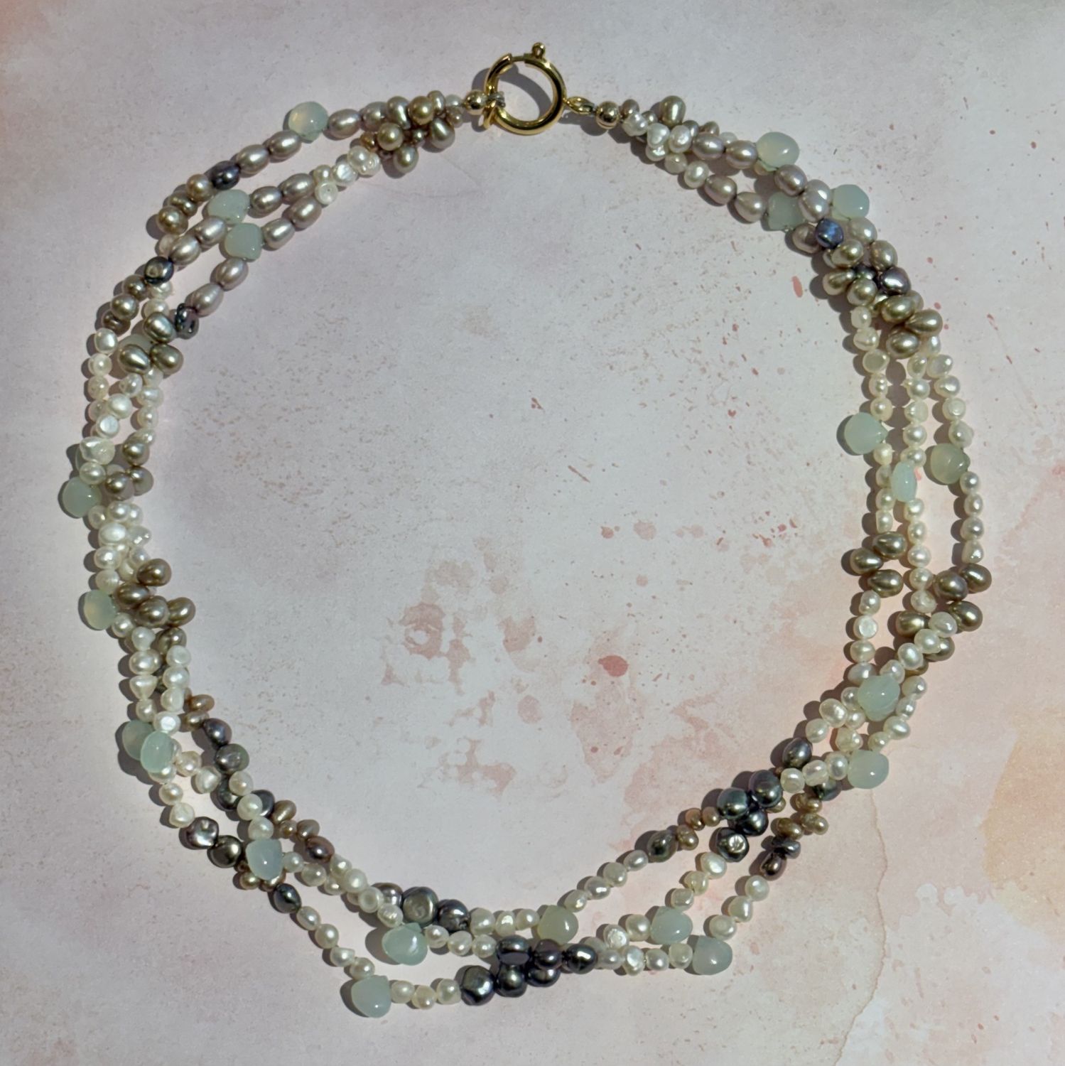 Twisted Three Strand Freshwater Pearl and Chalcedony Necklace