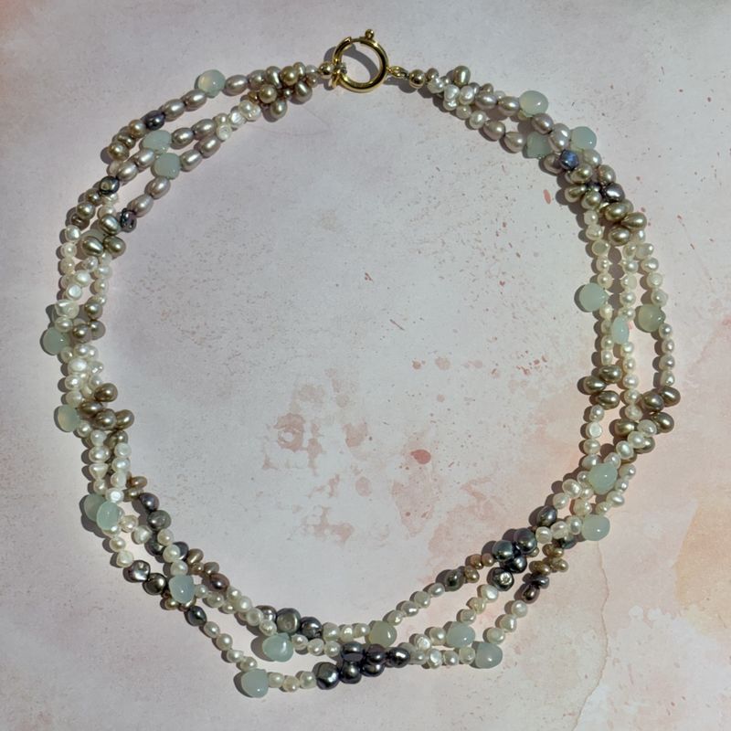 Twisted Three Strand Freshwater Pearl and Chalcedony Necklace
