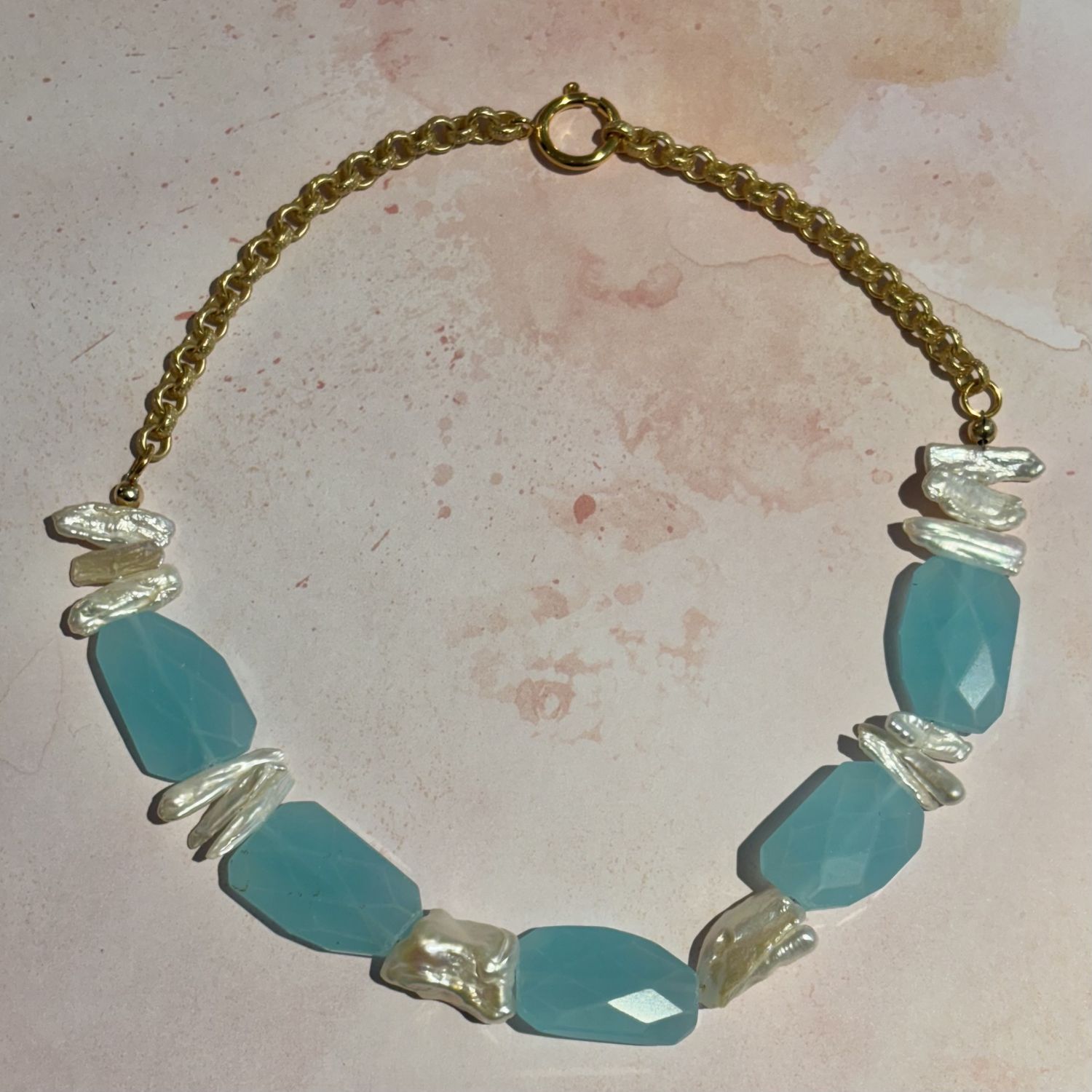Blue Chalcedony and Pearl Necklace