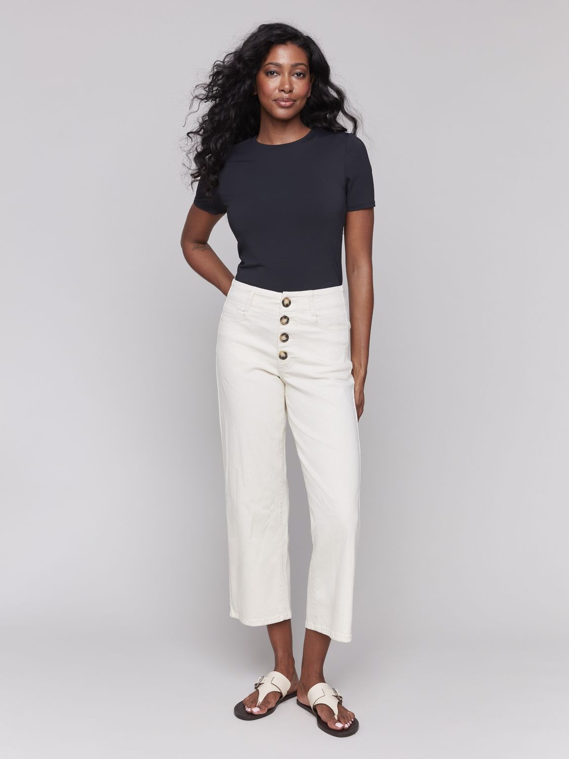 Straight Leg Cream Pants with Buttons