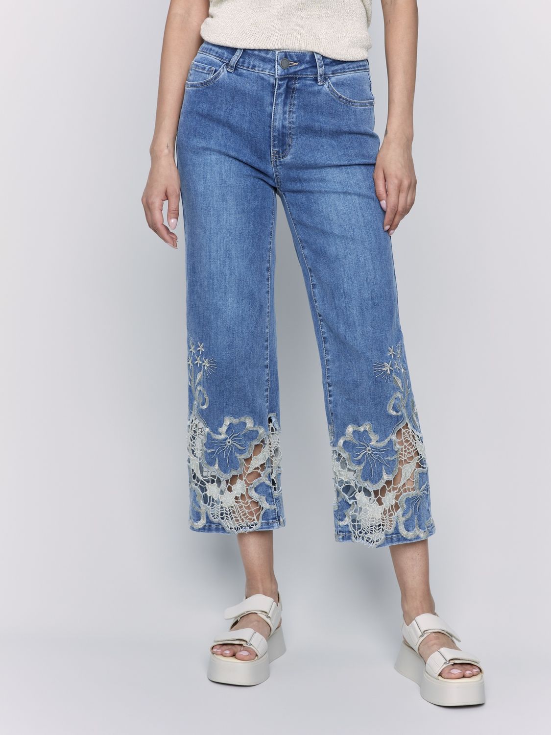 Flared Blue Jeans with Lace Detail