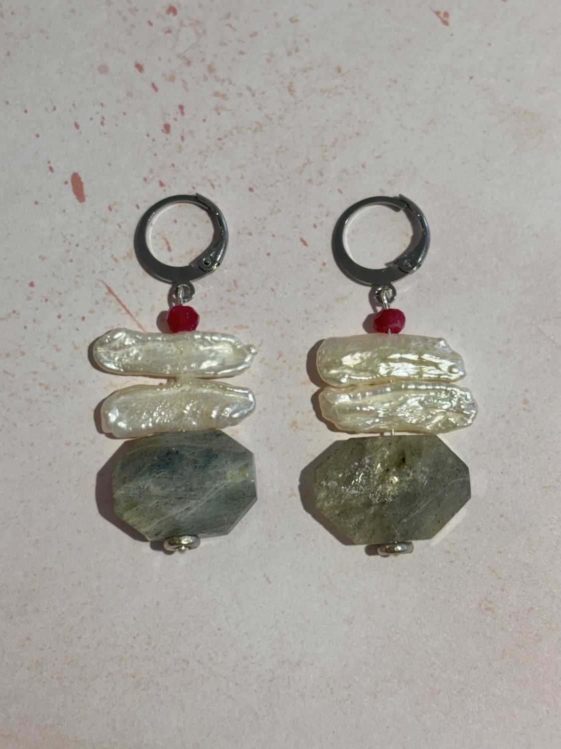 Labradorite, Ruby and Stick Pearl Sterling Silver Earrings