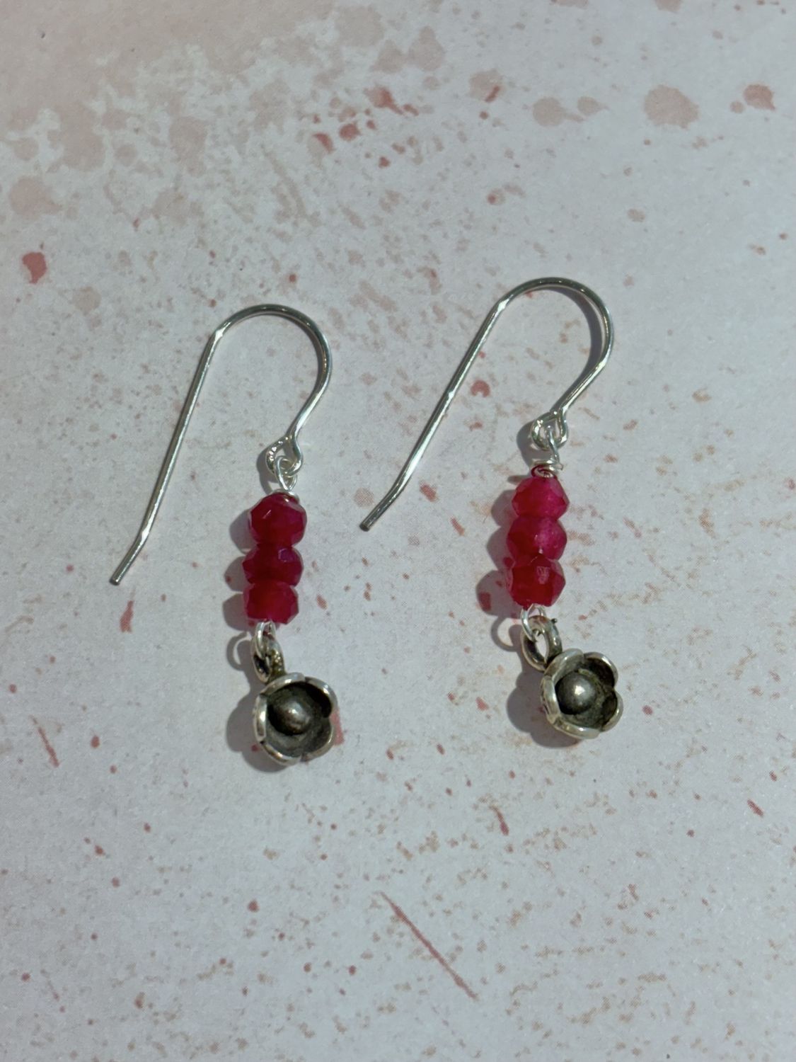 Red Earrings with Sterling Silver Flower