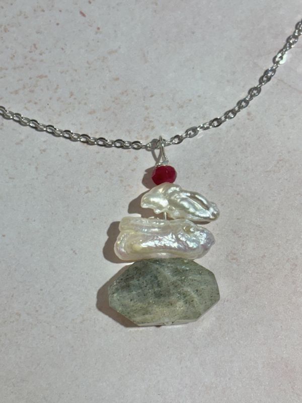 Labradorite, Stacked Pearl, and Ruby  Necklace