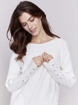 Round Hem Sweater With Front Pockets And Sleeve Lacing Detail