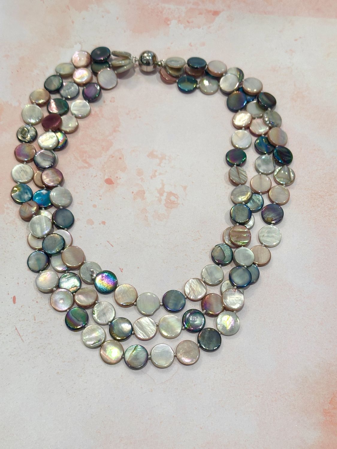 3 Strand Mother of Pearl Necklace with Magnet Clasp  made in USA, Color: Multicolor