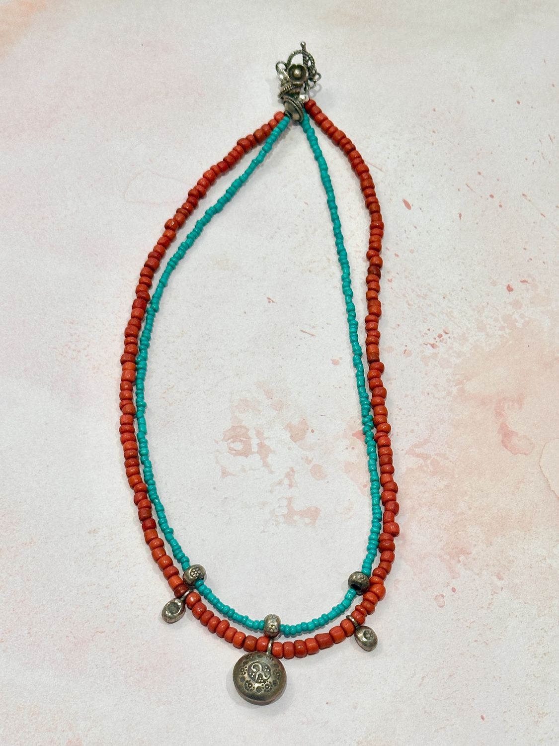 Double Strand Sterling, Turqu &amp; Coral Necklace