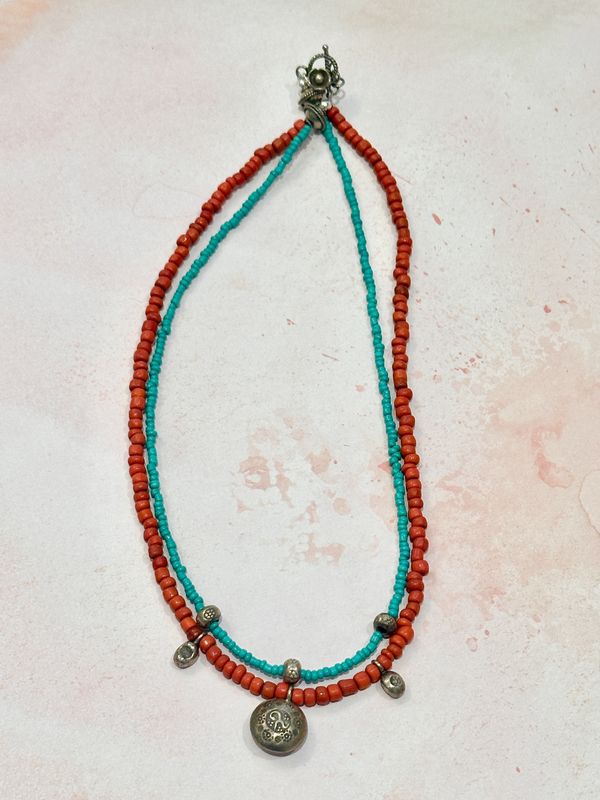 Double Strand Sterling, Turqu &amp; Coral Necklace