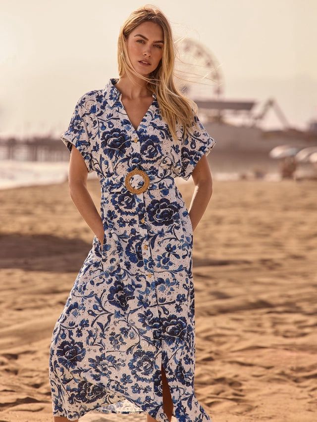 Short Sleeve Button Front Maxi Dress