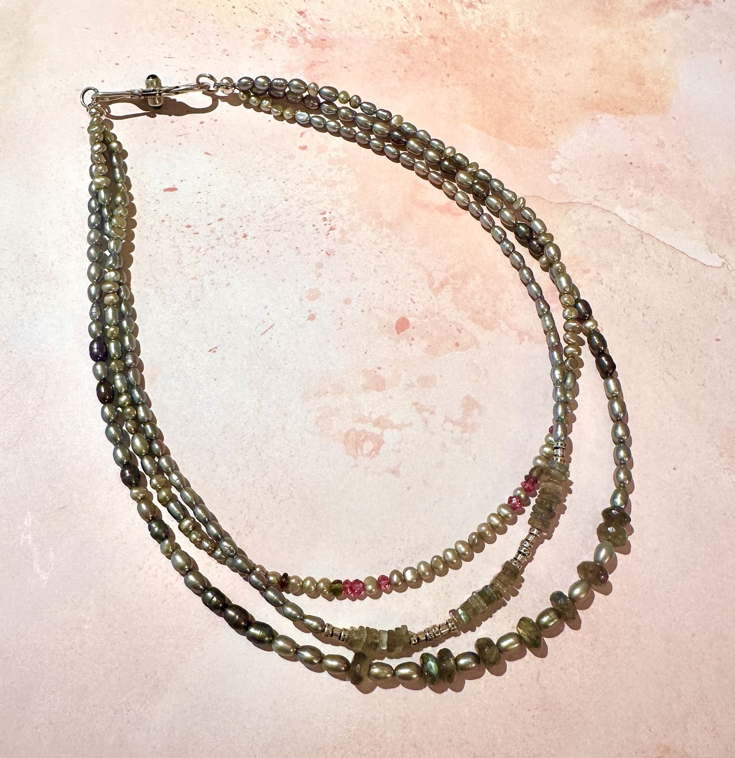 Labradorite, Tourmaline  &amp; Pearl Triple Strand Necklace