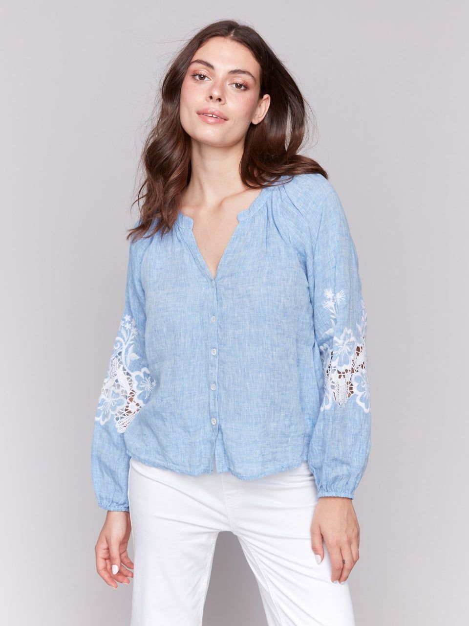 Cotton-Linen Button Front Blouse With Embroidery - Chambray