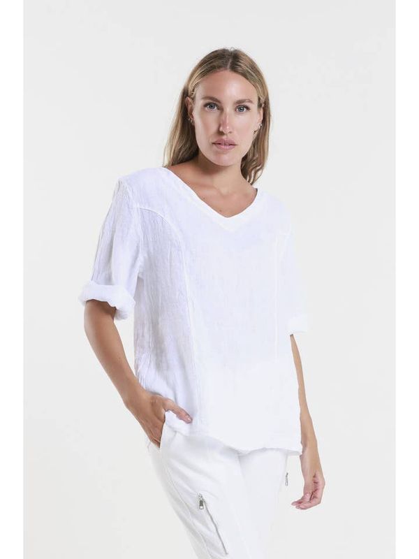 Lula Short Sleeve V-Neck Linen Side Seam Top