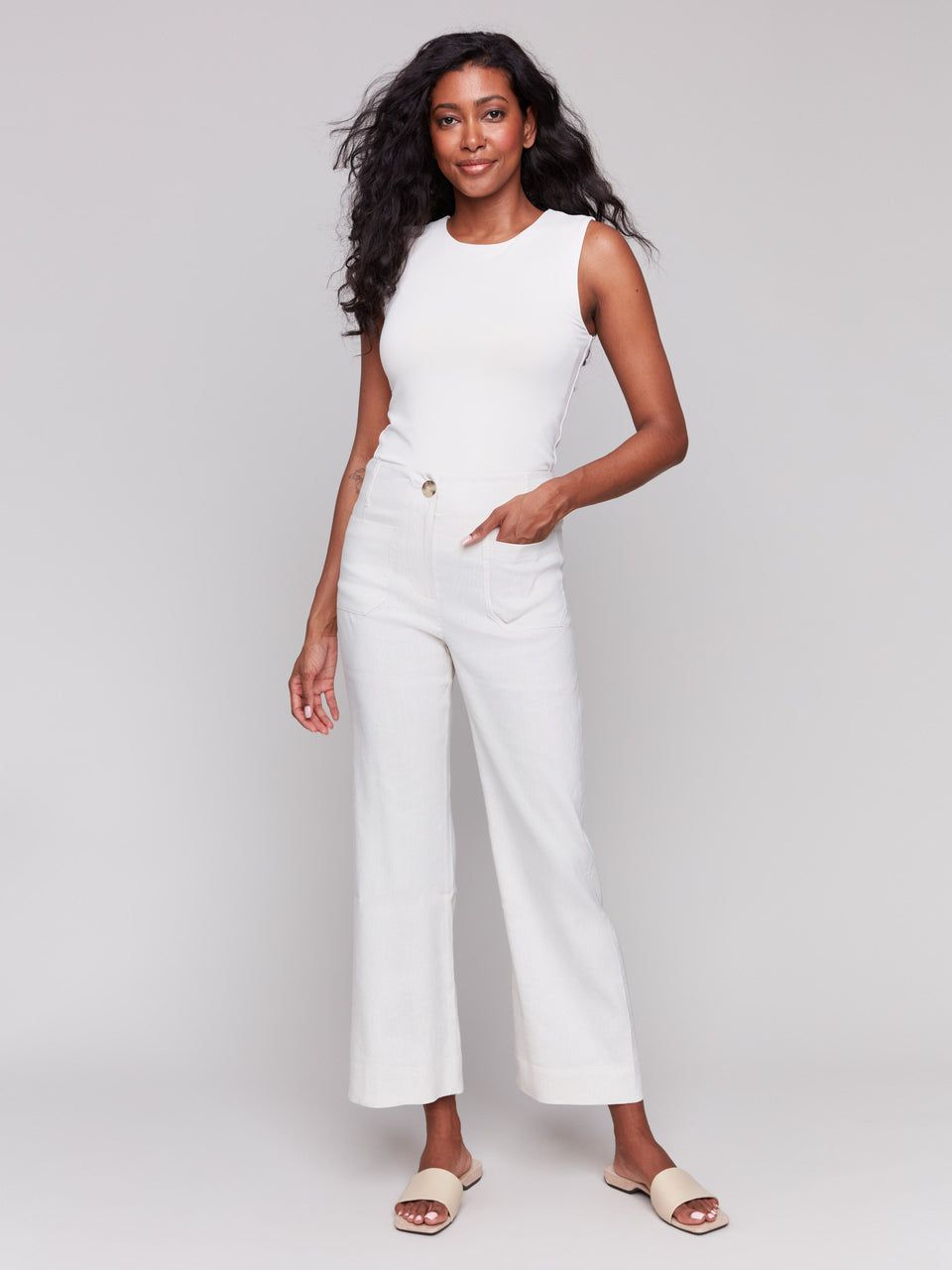 Cropped Linen Blend Pants, White