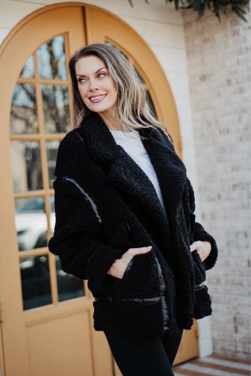 Sherpa Teddy Jacket with Faux Leather Trim, Size: Small, Color: Black