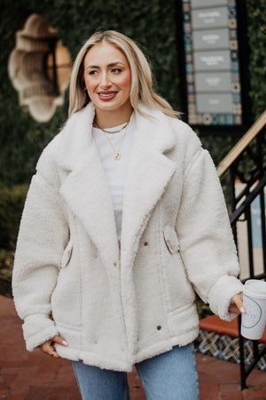 Sherpa Teddy Jacket with Faux Leather Trim