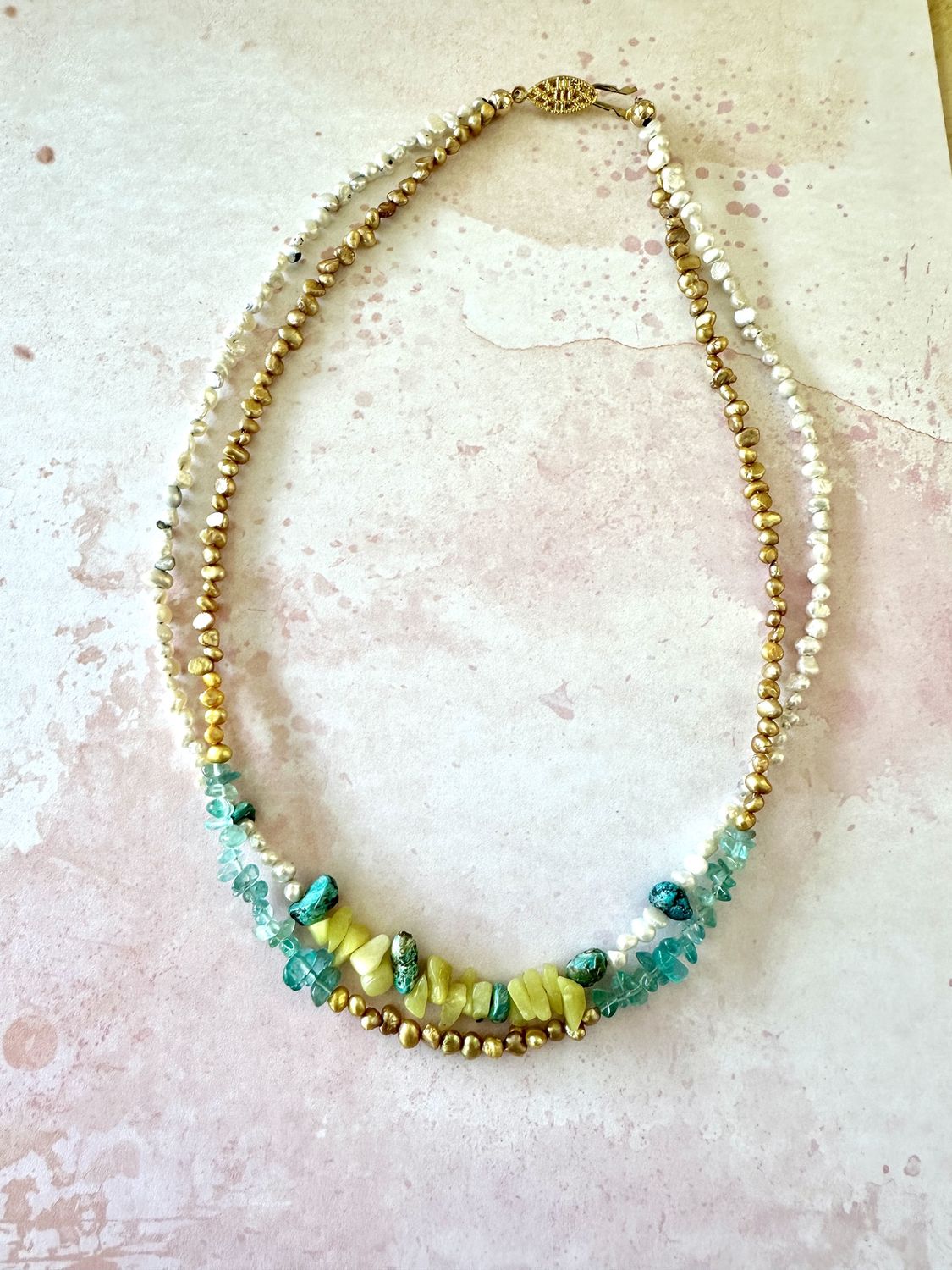 Lemon Jade, Aquamarine, Turquoise &amp; Pearl Necklace