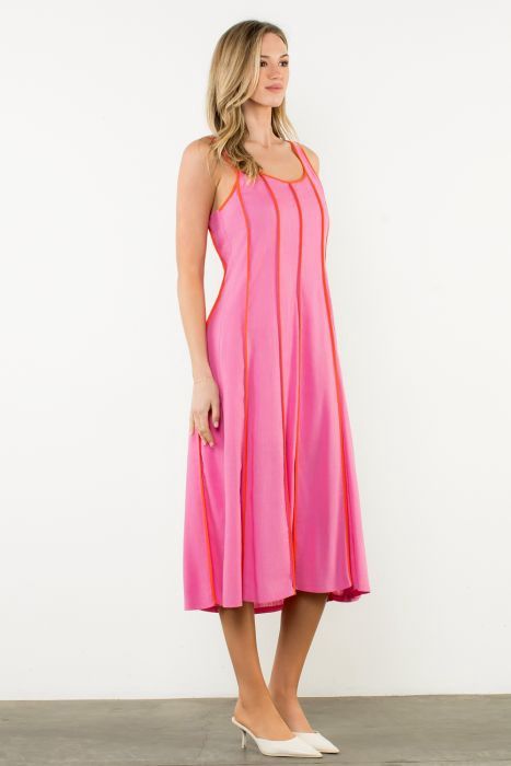 Vertical Trim Sleeveless Midi Dress