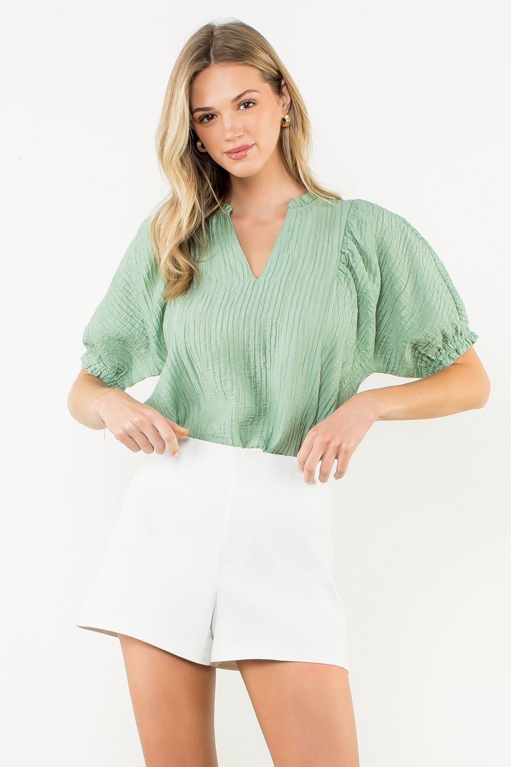 Sage Green Crinkled Split Neck Puff Sleeve Top