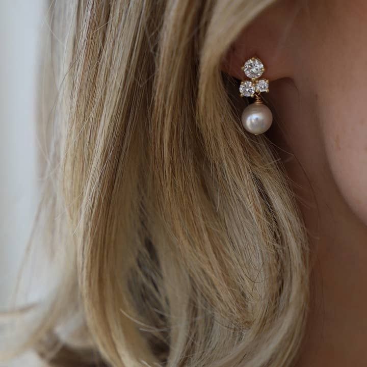 Dahlia CZ Pearl Studs, Color: Gold