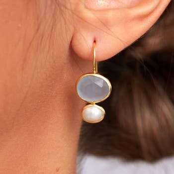 Primrose Earring Gold Plated - Light Aqua Chalcedony &amp; Pearl