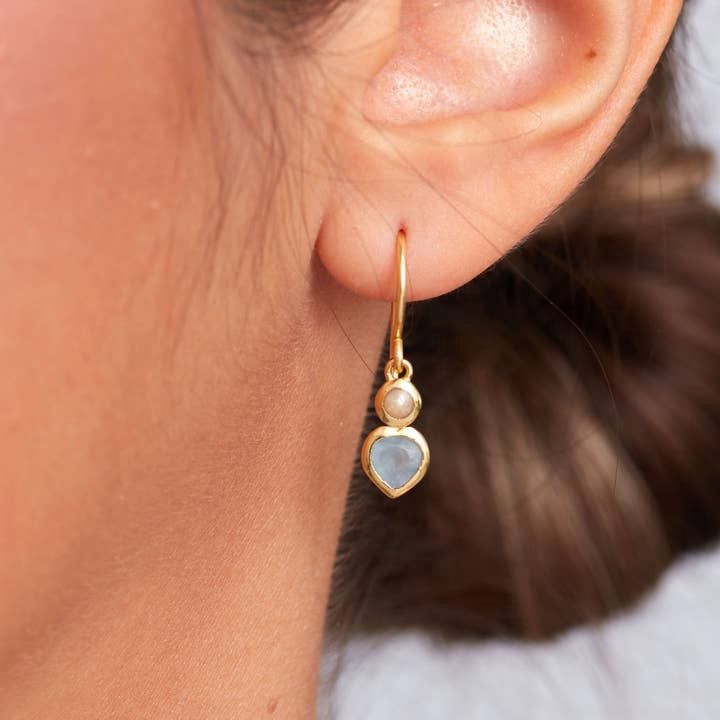Jazlyn Earring Gold Plated - Pearl &amp; Light Aqua Chalcedony