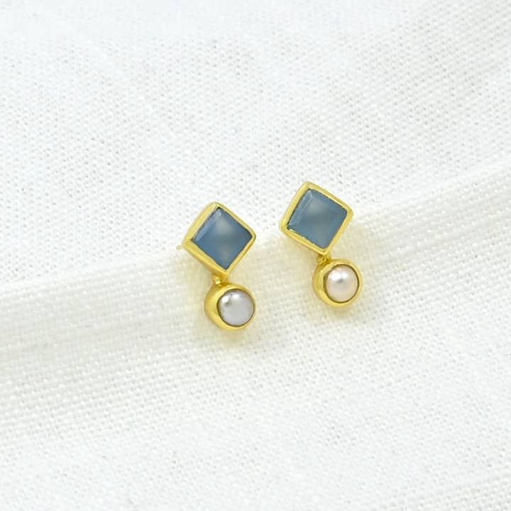 Freya Stud Earrings Gold - Pearl &amp; Blue Chalcedony