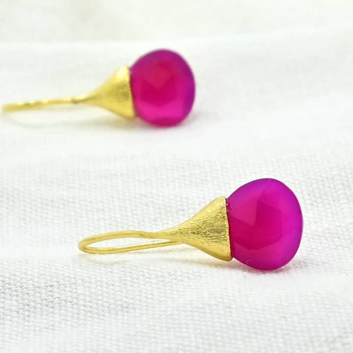 Boho Droplet Earrings Gold - Pink Fuchsia Onyx