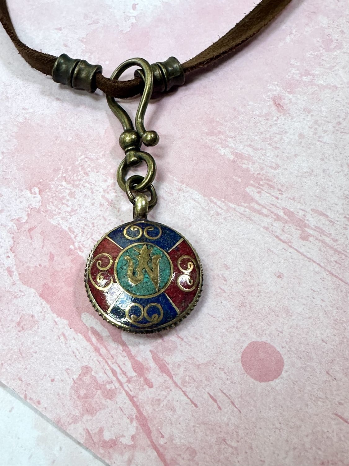 &quot;Om&quot; Inlaid Brass Pendant on Suede