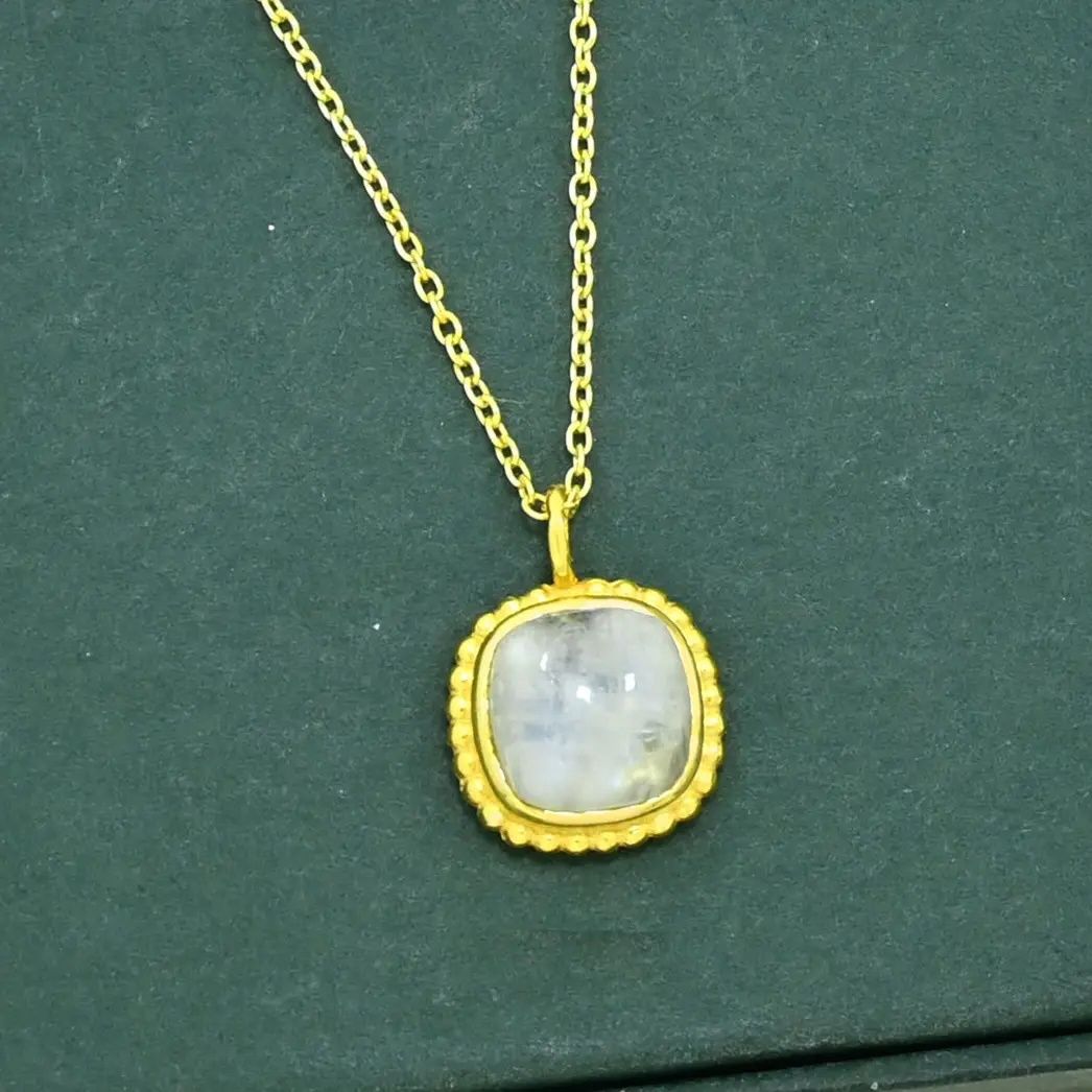 Square Gemstone Necklace Gold Plated Silver - Moonstone