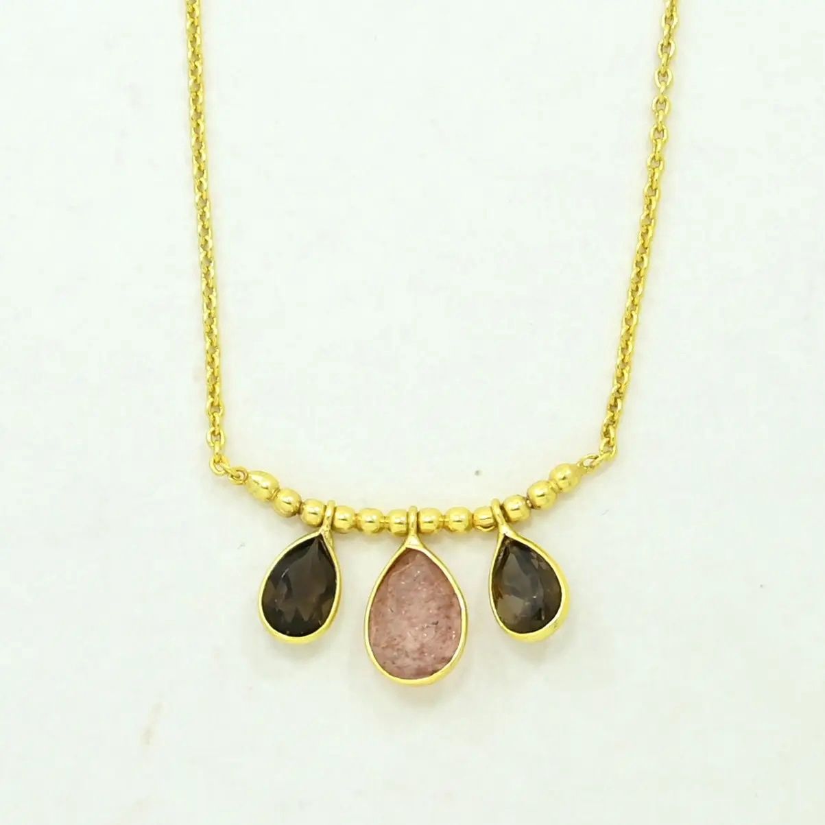 Pippa Necklace Gold Silver - Strawberry &amp; Smoky Quartz