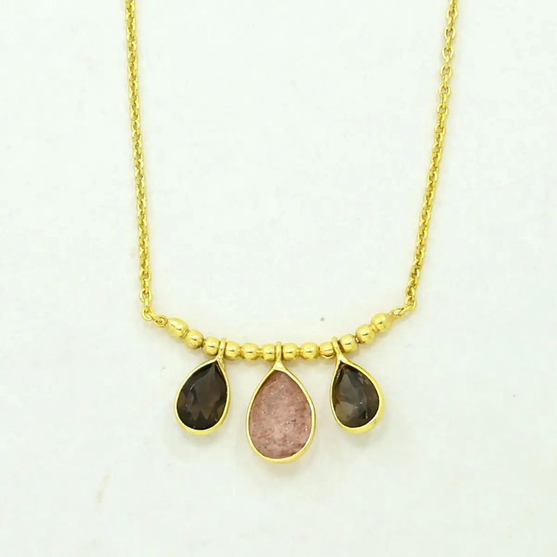 Pippa Necklace Gold Silver - Strawberry &amp; Smoky Quartz